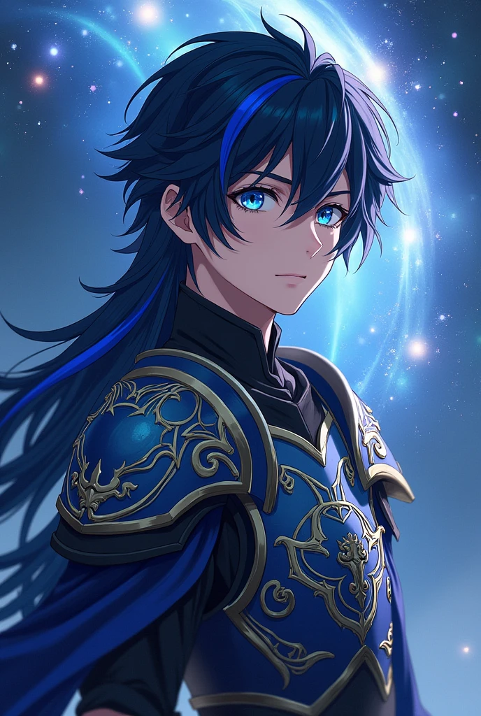 put the name: (The Eminent Divine Spirit), written in the drawing. Create a character, TEENAGE HUMAN MALE WITH ARMOR WITH WOLF DESIGNS on the armor with traces of the drawing in JAPANESE ANIME style, IN a cosmic environment, long black hair with a cobalt blue streak in one hair, cobalt blue eyes. DON'T FORGET THE NAME: (The Eminent Divine Spirit)
