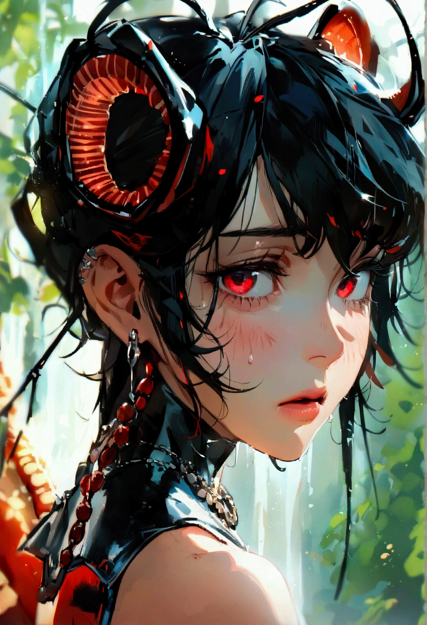 (masterpiece), highest quality, Expressive eyes, Perfect Face, female, black Hair, red Eyes, Centipede antenna's Ears, tanktop, Portraiture, good looking, Apathetic and tired, centipede lower half body, bruised, full body, necklace, medium size breasts, Centipede lower half