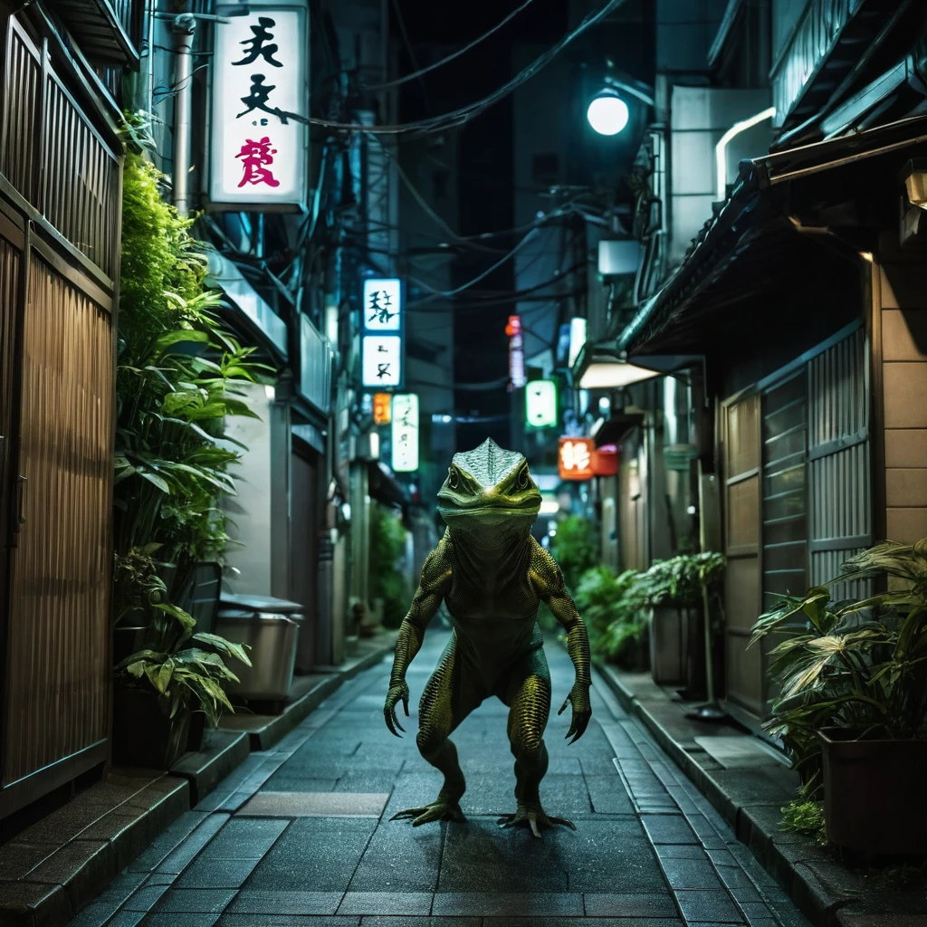 A creature lurks in the night, its surreal appearance, a mix of alien and human lizard, enter an restourant
