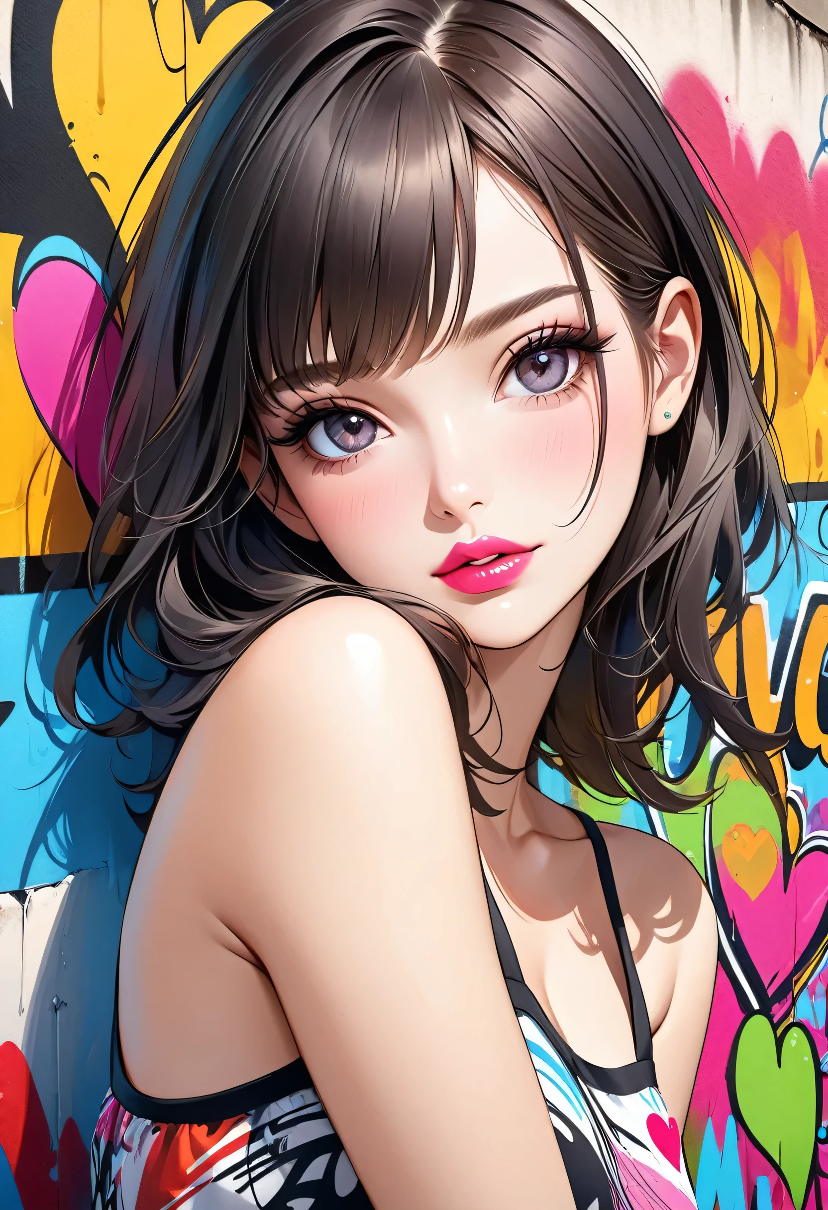Ultra-realism Micho colorful style, Simple Line Initialism,Abstract art,(((The most beautiful girl of all time))), Sweet face. Lips in love, colorful hearts, stylish design, Summer beach fashion, Dark Eyes, Graffiti on the wall