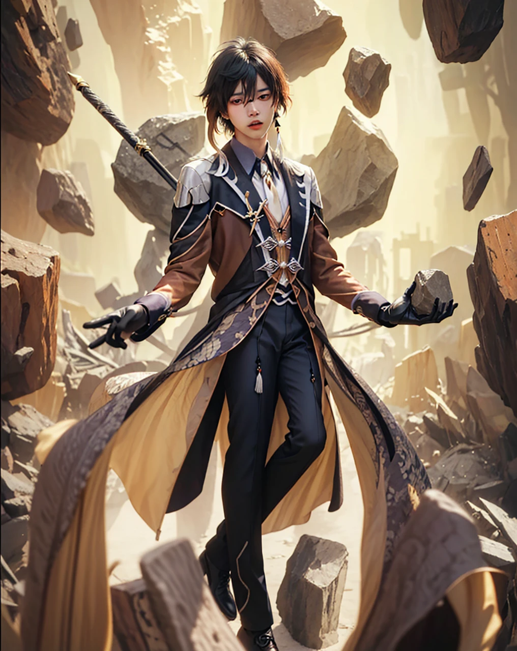 ((Zhongli morax_GENSHIN IMPACT)),((realistic, photorealistic)),(highlight hair)), Light reflection, (( HD )),((upper body)), (((best quality, masterpiece))), (masterpiece) (best quality) (detail) (8k) (HDR) (wallpaper) (cinematic lighting) (sharp focuasterpiece, best quality: 1.1), 1men solo, Zhongli, shadow,back light,Zhongli Spear genshin impact, sitting on a rock shaped like a larva's hand, a mountain rock ruin,Mountain rocks background,Stone-shaped hands, Real life adaption of this character, Asian teen beauty face, Shining Purple eyes, realistic outfit, realistic shadow, realistic light, realism, hyper realistic, realistic background,(photorealistic:1.2), masterpiece, best quality, 1boy, masterpiece, best quality, simple background, whole body, bangs, black_gloves, black_hair, brown_hair, gradient_hair, collared_shirt, earrings, eyebrows_visible_through_hair, formal, gloves, hair_between_eyes, holding, chinese_clothes, jacket, jewelry, long_hair, long_sleeves, male_focus, multicolored_hair, ponytail, single_earring, suit, tassel, tassel_earrings, whiskers, yellow_eyes, zhongli_\(genshin_impact\)best quality,masterpiece,absurbres,super-resolution,1boys,Zhongli \(genshin impact\),((long hair, black hair)),yellow eyes,calm,brown suit,white shirt,black pants,necktie,abs, 1boy, male focus,muscular, toned, pectorals, nipples, open mouth, solo, looking at viewer,gloves, solo, jewelry, male focus, earrings, tassel earrings, formal, ponytail, black gloves, tassel, long hair, single earring, looking at viewer, suit,Room background, glow effect, 1men solo, Zhongli, shadow,back light,Zhongli Spear genshin impact, sitting on a rock shaped like a larva's hand, a mountain rock ruin,Mountain rocks background,Stone-shaped hands,Floating cloak, spear sword, Flying,Glow effect,