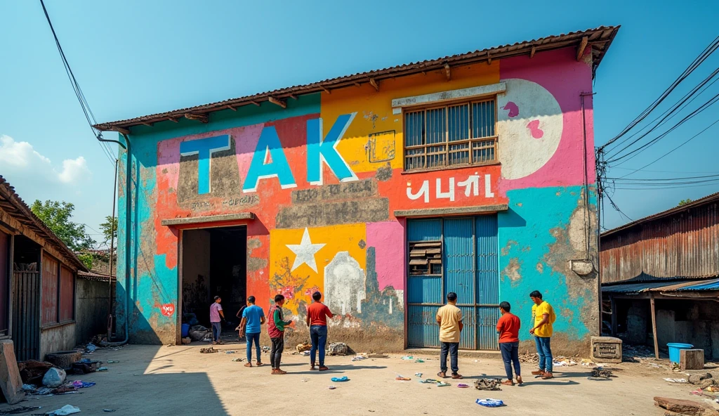Vietnamese people painting the walls of a large factory building. The TAK TEXTILES VINA logo is painted on the wall. Wide angle. Building a sewing factory. 