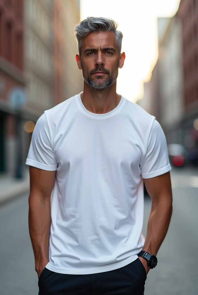 Create a short haired gray white man wearing a white t-shirt, wearing a watch and wearing dress shoes. 