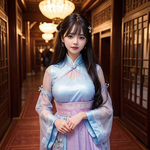 Sideways photo,best quality, Delicate face，beautiful visual work, lifelike, eternity, black hair, Long curly hair, blunt bangs, Smile, Detailed Background, Delicate face，blush，cold，((masterpiece))、(top quality)、8k、high detail、Super detailed，31 years old female，Wearing Tang Dynasty Hanfu、waist skirt, Clothes are light and fluffy，Hanfu, wide sleeves, Transparent sleeves, Tunic, Clothes made of chiffon, Seductive and whimsical style、masterpiece、born、Scenes resembling fairy tale illustrations、Intricate details and complex designs、Beautifully、magic、capricious、 Beautifully、Dream aesthetics、「𝓡𝓸𝓶𝓪𝓷𝓽𝓲𝓬、ethereal、charming、fickle、magic」、Realism、Visual effects、FXAA、SSAO、Shaders、voiceless、ambient lighting、Tone mapping、High resolution、Ultra high quality、Million pixels、(8K resolution:1.10)、8k、Below 8K、8K resolution、high detail、intricate details， (high quality:1.2、masterpiece:1.2、:1.21)、(31 years old female:1.21)、(Smile excitedly)、(full-body shot，Normal 2 feet，Put your hands behind you，The protrusion of the breast is visible when wearing clothes, Large Breasts, H cup chest, antiquity, Xian Xia, gauze clothes, Soft and fluttering, Fairy, dream, fantasy, light, elegant, nature, Immortal, romantic, classical, ribbon, light purple clothes, In the Forbidden City corridor，Chinese Palace Corridor,imperial palace,Palace corridor，full length shot