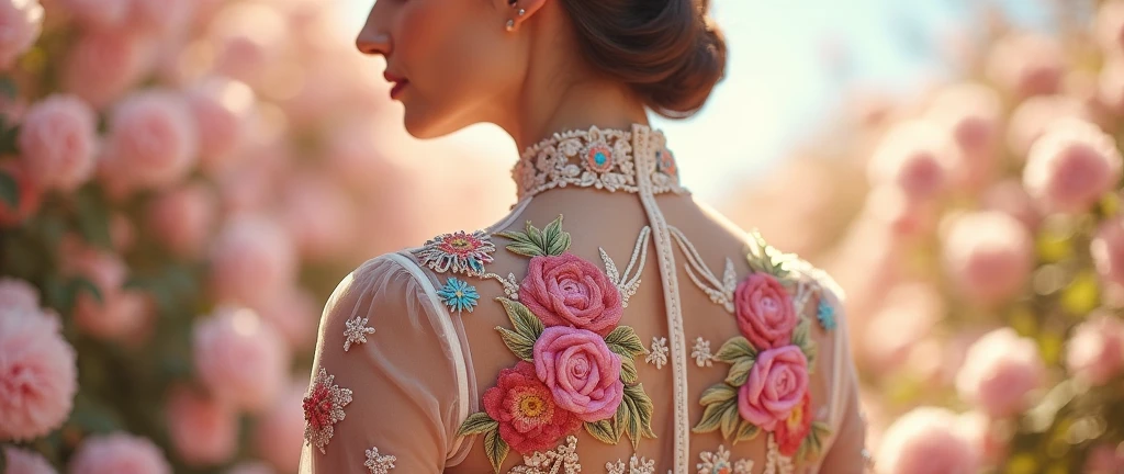 Women's mesh suit with embroidery flowers with monograms