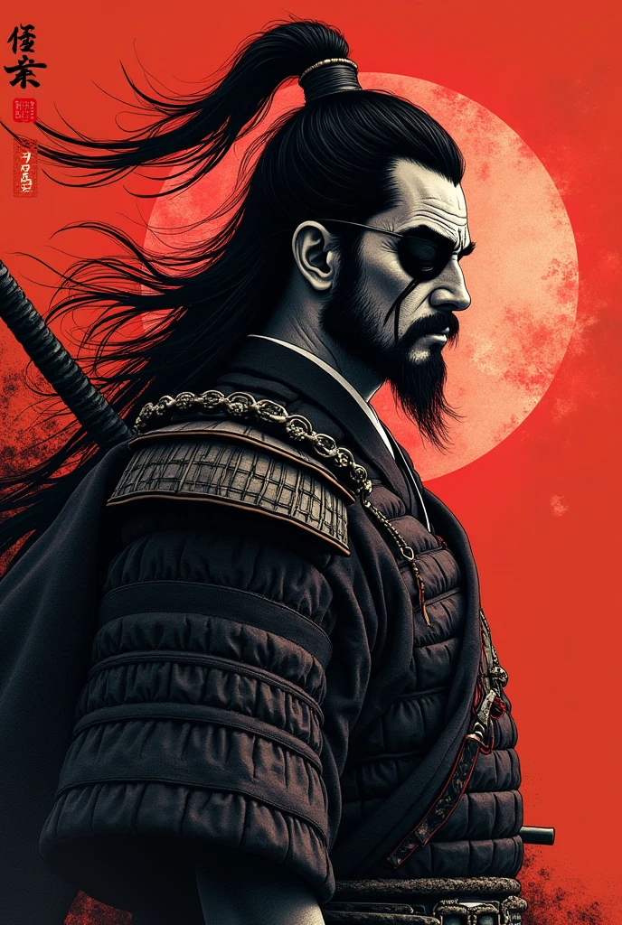 Japanese Sengoku warlord Date Masamune wearing an eyepatch on his left eye、長いblack髪の武士
・豪華なMoneyの装飾が施された甲冑
・二刀流の刀を構えている
・背景に大きな赤い円(sun)A pattern drawn with a Japanese brush, a cape and hair fluttering in the wind,、Hall々A strong posture and powerful dignity々New look and style: Powerful and majestic Japanese art and color: black、Money、High contrast and detailed depiction with a red base、Realistic texture