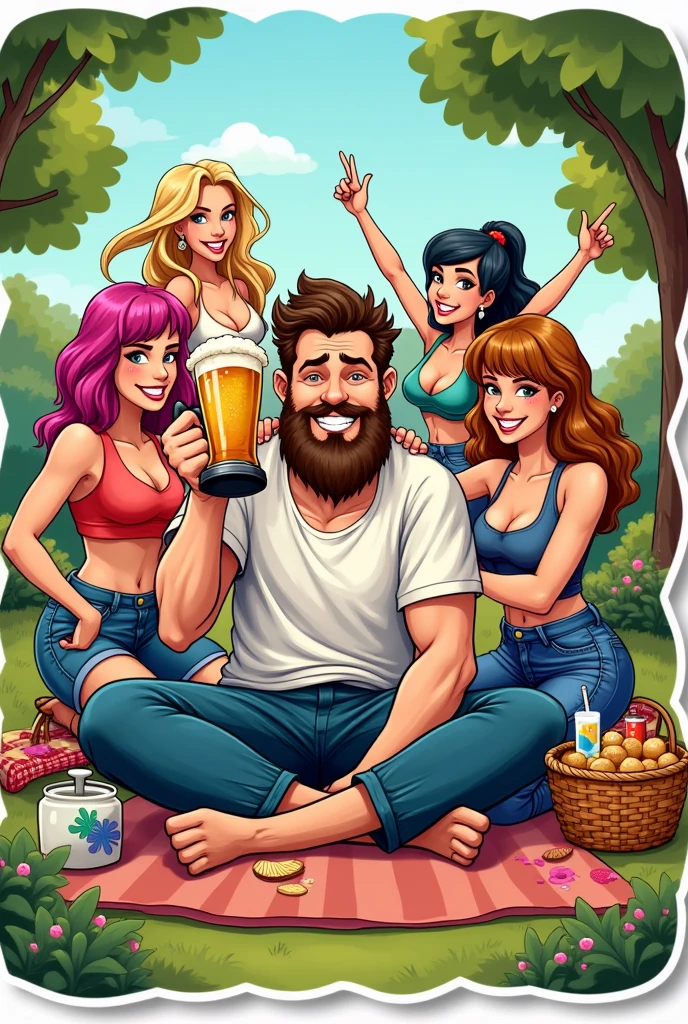 a sticker of a bearded man drinking beer, holds a dumbbell and is accompanied by four women