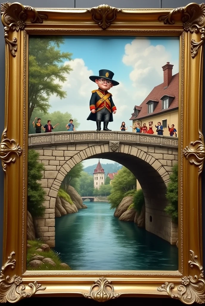 Classic painting in a golden picture frame: an old stone bridge over a river, on top of the bridge a man short and fat with glasses in Prussian uniform black red gold, ready to jump down on the river bank cheering people in the background villas