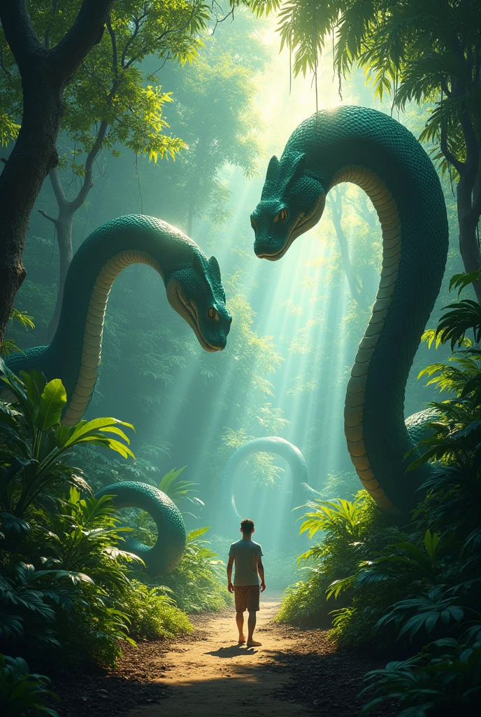 On pourrait imaginer une scène où une personne se trouve au milieu de serpents géants, peut-être dans une jungle dense ou un environnement exotique. Les serpents, aux écailles brillantes et aux mouvements fluides, créent une atmosphère à la fois impressionnante et inquiétante. La personne, dotée de courage ou d'un calme stoïque, semble soit en train de négocier avec ces créatures impressionnantes, soit en train de chercher un moyen de s'échapper. L'ambiance pourrait être accentuée par la lumière filtrée à travers la canopée, créant des ombres mystérieuses sur le sol.