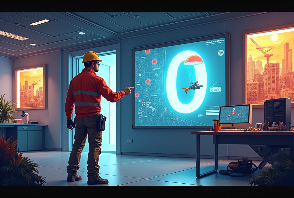 Recreate several vignettes: Panel 1 (big, On top): scene: Interior of an office transformed into a high-tech operations center. action: And "Security agent" (dressed in work clothes and sunglasses) dramatically enters through the door. Dialogue: "Safe Agent reportándose para la Misión Cero Accidentes"
Panel 2: scene: he "boss de Misión" (with construction helmet and headset) points to a large screen. action: The screen shows a map of the construction site with red dots indicating risk areas.. Dialogue: boss: "Your mission, Safe Agent, is to neutralize all threats in the work"
Panel 3: scene: Safe Agent saltando en paracaídas sobre la obra. thought: "Parachute? Yes! In our company we use safety harness"
Panel 4: scene: Safe Agent esquivando hábilmente herramientas mal colocadas. Onomatopoeia: "¡SWING! ¡DODGE!" Dialogue: "Ruler #1: Maintaining order is maintaining security"
Panel 5: scene: Safe Agent desactivando un "dangerous device" (which turns out to be a machine without its protection). Dialogue: "Defusing unnecessary risks... ¡click!"
Panel 6 (big, On the bottom): scene: Safe Agent rodeado de trabajadores felices y seguros, with a great "0" illuminated in the background. Dialogue: Safe Agent: "Mission accomplished: Another day with zero accidents!" thought de un trabajador: "With this agent, Even coming to work is a sure adventure"
Footer: "Remember: In the company, We are all security agents. Your next mission starts now!!"