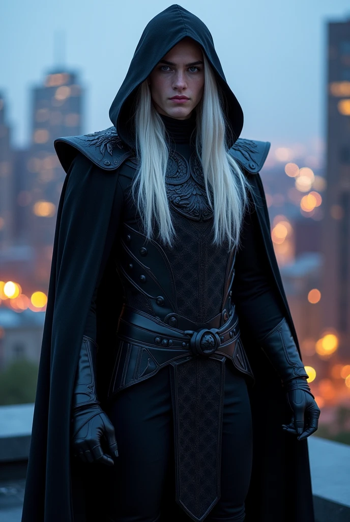 A modern superhero looks like Rhaegar Targaryen. He has black superhero outft with large hood and decorations with a dragon motif. He has very long white hair and violet indygo eyes. He has clear face with no facial hair or wrikles. He looks strong, young and helthy.