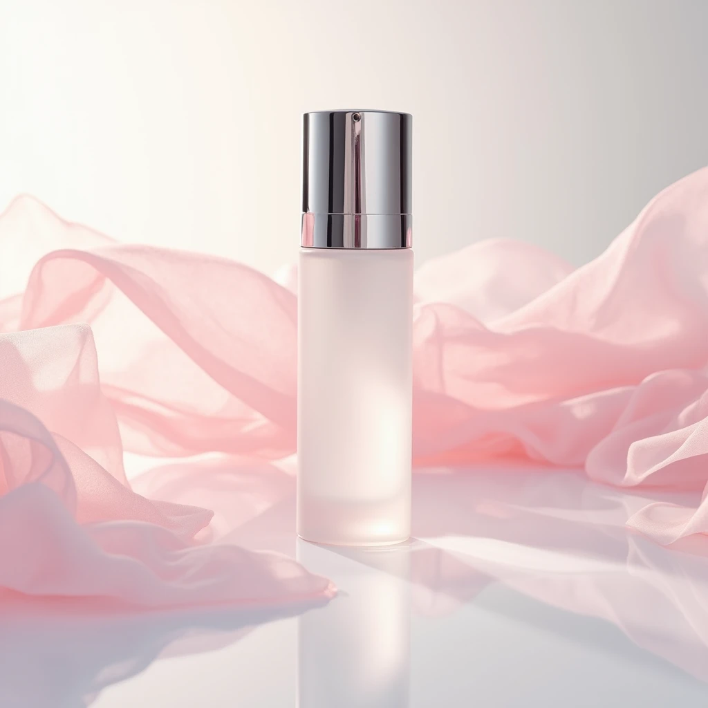 In this bottom view shot , the whitening essence bottle sits on a gleaming white surface , surrounded by wisps of pink chiffon .  The bottle is slender and sophisticated , with a clear glass body and a gleaming silver cap . The chiffon adds a delicate , feminine touch to the image , while the clean lines and minimalist styling emphasize the elegance of the product  . Shot by Ellen von Unwerth , using a Sony Alpha a7R IV and a Sony FE 50mm f /1.8 lens iw 2 --s 50
