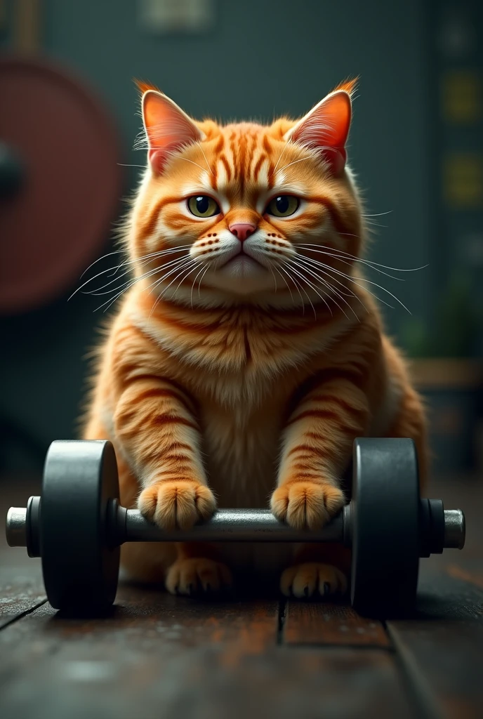 a sad chubby red cat lifting a barbell, hyperrealistic, detailed fur, expressive eyes, dramatic lighting, moody atmosphere, muscular body