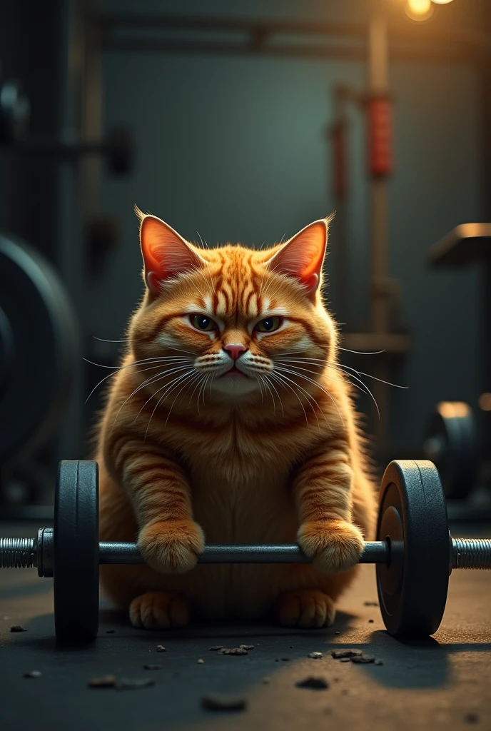 a sad chubby red cat lifting a barbell, hyperrealistic, detailed fur, expressive eyes, dramatic lighting, moody atmosphere, muscular body