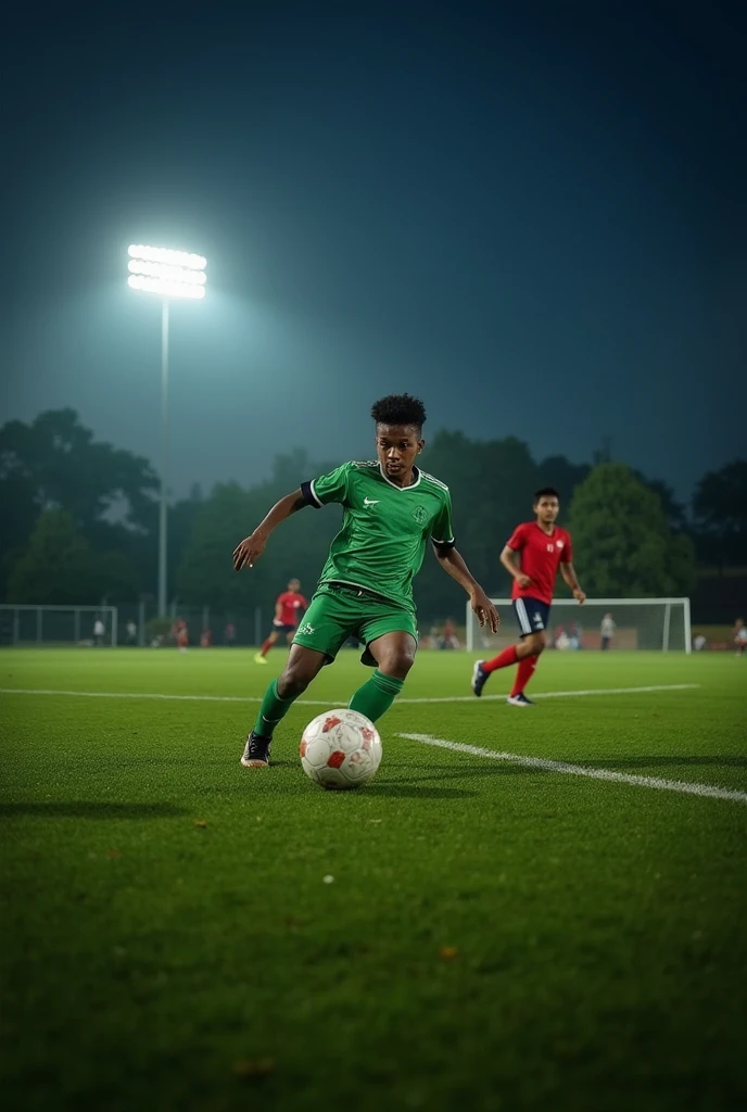 A football team gat green approne to play in a ground, and the ground under the moon playing football only boys taking penalty in Bangladesh
In my picture
