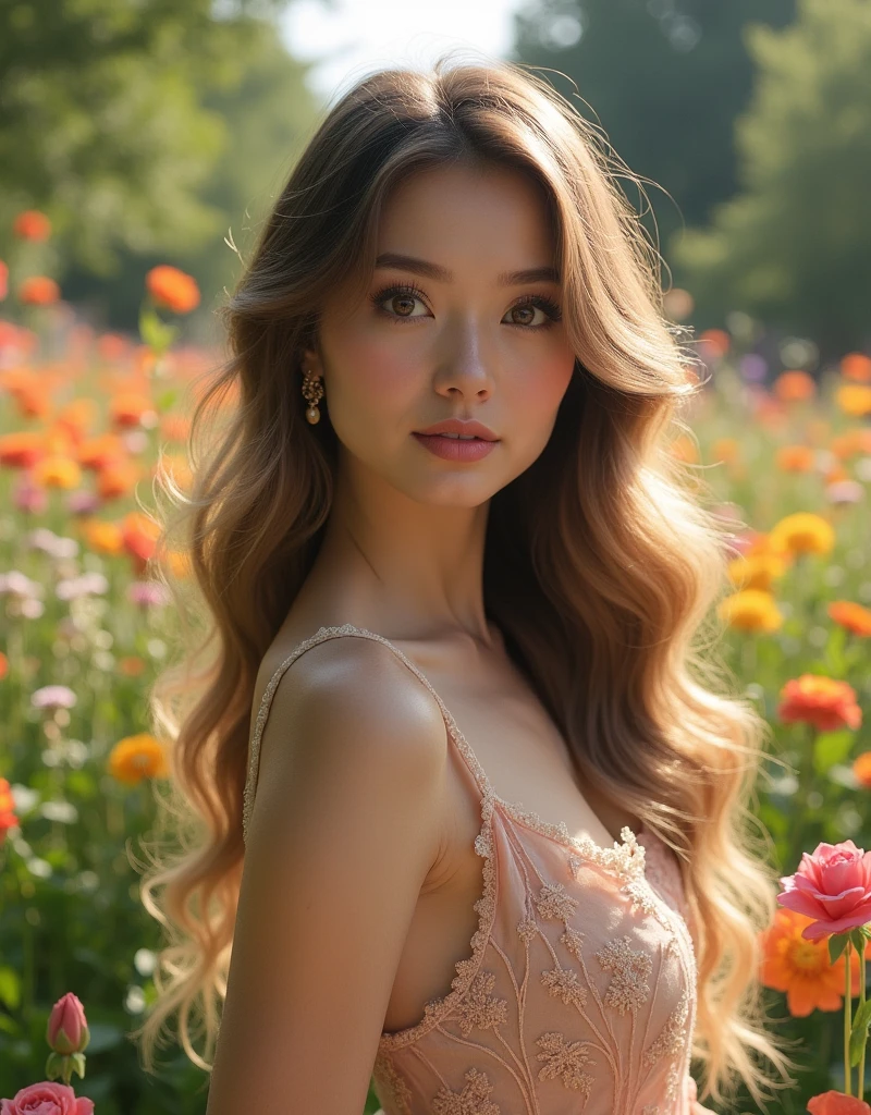 (best quality,4k,8k,highres,masterpiece:1.2),ultra-detailed,(realistic,photorealistic,photo-realistic:1.37),detailed eyes,detailed lips,extremely detailed face,long eyelashes,beautiful young woman,natural light,cinematic,intricate details,elegant,serene expression,detailed dress,flowing hair,peaceful garden setting,lush greenery,colorful flowers,soft pastel colors,warm lighting