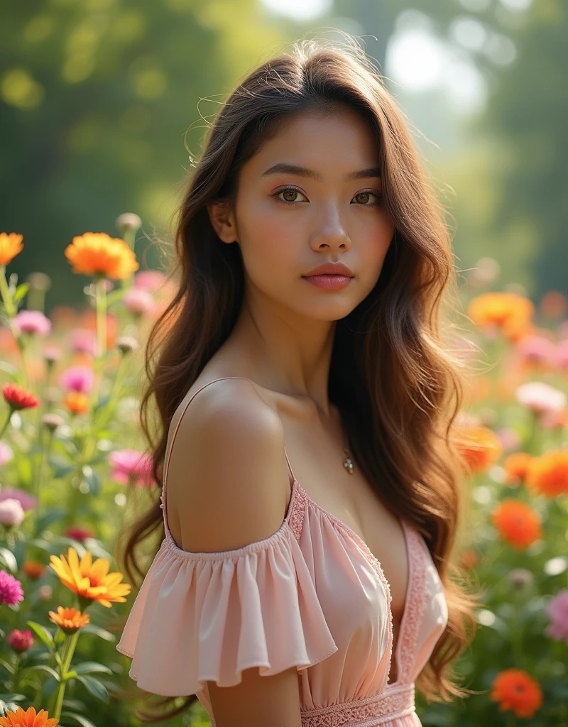 (best quality,4k,8k,highres,masterpiece:1.2),ultra-detailed,(realistic,photorealistic,photo-realistic:1.37),detailed eyes,detailed lips,extremely detailed face,long eyelashes,beautiful young woman,natural light,cinematic,intricate details,elegant,serene expression,detailed dress,flowing hair,peaceful garden setting,lush greenery,colorful flowers,soft pastel colors,warm lighting