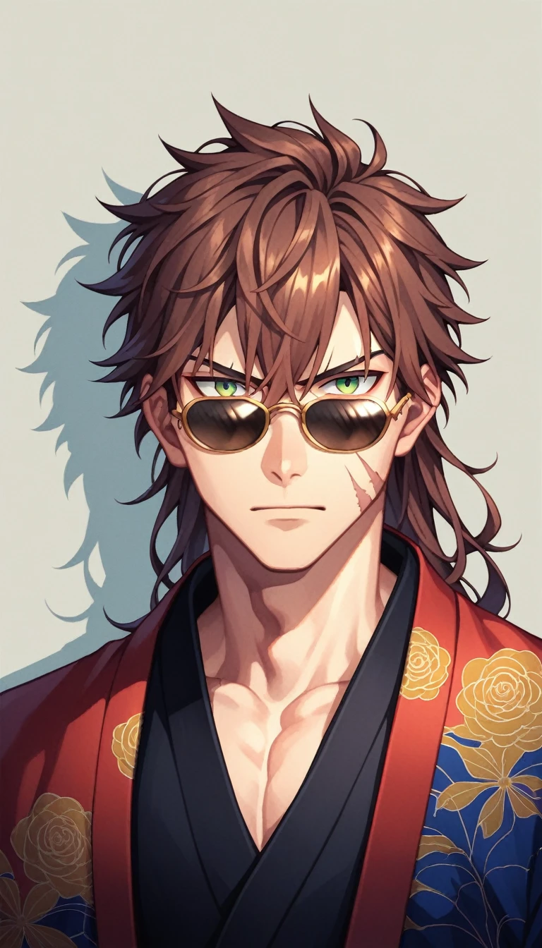 Anime Style, Yakuza, Japan Mafia, Scars on the face, Quietly angry, wild, Middle-aged man, Reddish brown hair, Green Eyes, Sharp Eyes, Medium Long Hair, Calm. wise, Staggered sunglasses, Kimono with black fabric and gold embroidery, Background of the Ascending Dragon, Worldview of the Underworld, Surrealism, Expressionism, Anime Style, Cast a Shadow, Film Grain, Vignetting, silhouette, 1080P, Anatomically correct
