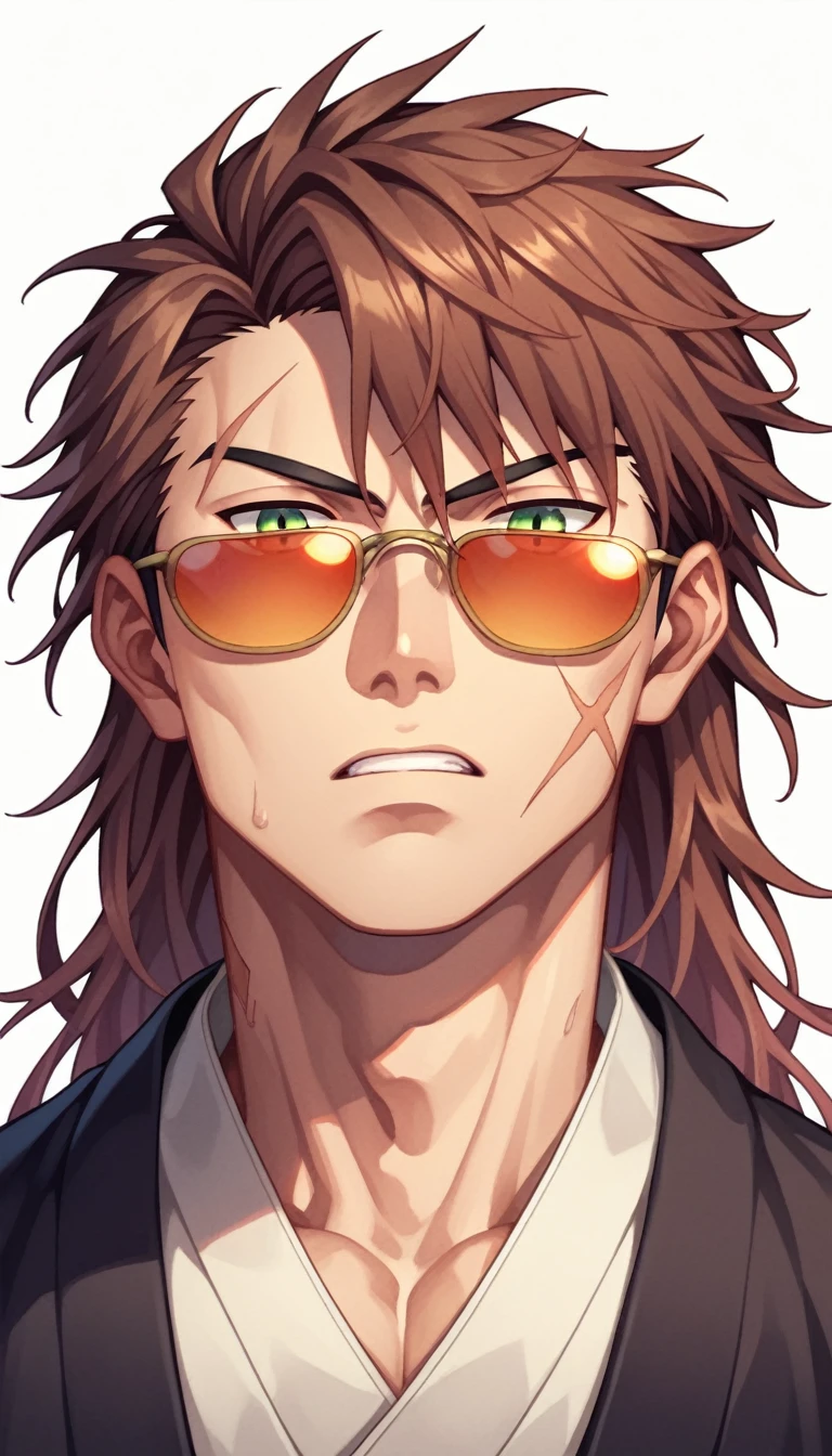 Anime Style, Yakuza, Japan Mafia, Scars on the face, Quietly angry, wild, Middle-aged man, Reddish brown hair, Green Eyes, Sharp Eyes, Medium Long Hair, Calm. wise, Staggered sunglasses, Kimono with black fabric and gold embroidery, Background of the Ascending Dragon, Worldview of the Underworld, Surrealism, Expressionism, Anime Style, Cast a Shadow, Film Grain, Vignetting, silhouette, 1080P, Anatomically correct