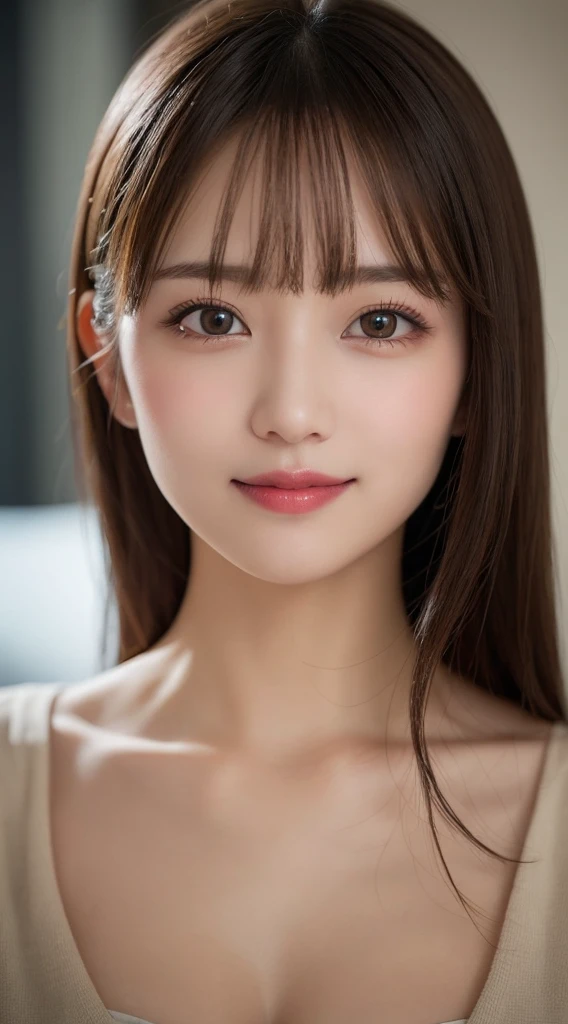 Highest quality, shape, Very detailed, In detail, High resolution, 8k wallpaper, Perfect dynamic composition, Beautiful attention to detail, ランダムなcute髪,,Natural color lip,smile、20-year-old girl、cute、常にBlur the background,Perfect and beautiful face,Photograph only the face,Beautiful and elaborate face、Slim face and shape,Big eyes、Putting on gal makeup,Blur the background,Blur the background,Face close-up、Real human skin,Detailed skin:1,4、RAW Photos、Actual photo、Bedroom、Twilight Room