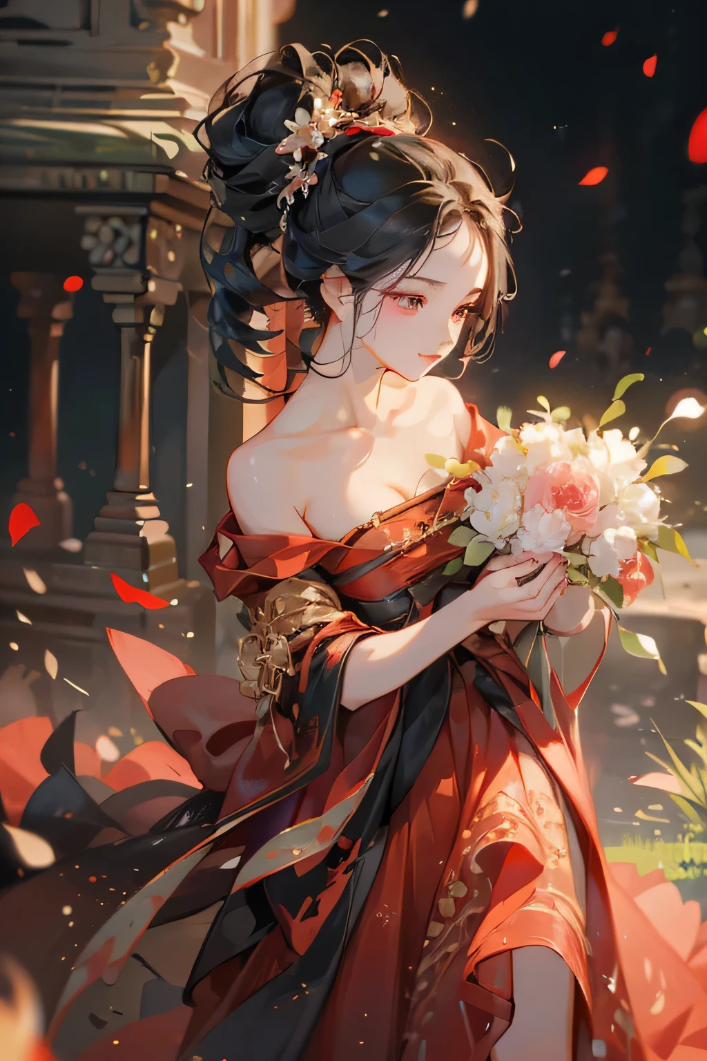 Best quality, masterpiece, ultra high res, (photorealistic:1.4), raw photo, 1girl, red dress, off shoulder, black eyes, blossom flower field, glowing skin, big black bun hair, light smile, dancing, accurate, detailed hand, detailed eyes, detailed face, detailed body, javanese style, prambanan temple