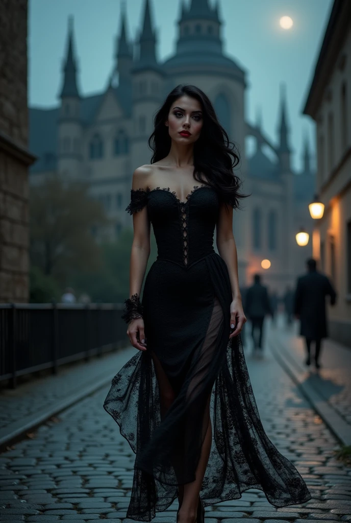 Woman sexy goth dress valking