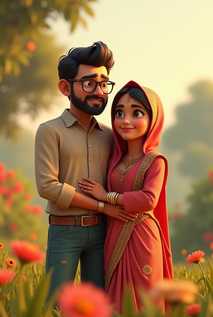 Bengali Muslim girl wear
glass square fare skin tone 23 years old small face little big lips sharp nose. modest cloth.with her husband who has beard chubby face fare skintone and wear glass.3d animated