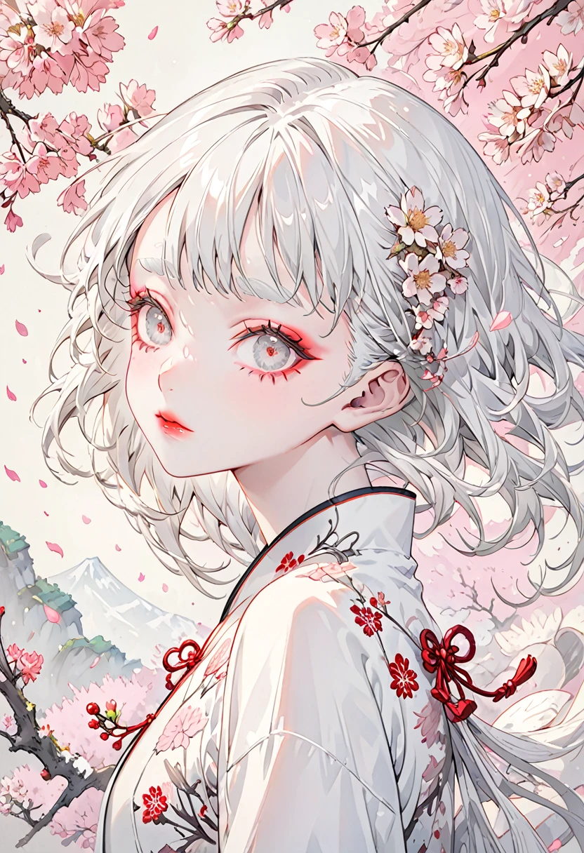 The background is a flurry of cherry blossoms，(Highest quality,Very detailed,High resolution:1.2),Slim albino girl，Very short white hair,gray bangs，very_long white eyelashes, White eyebrows, White skin，Detailed lips, Cool look, Soft Skin, Shiny Hair,Exquisite makeup,Portrait