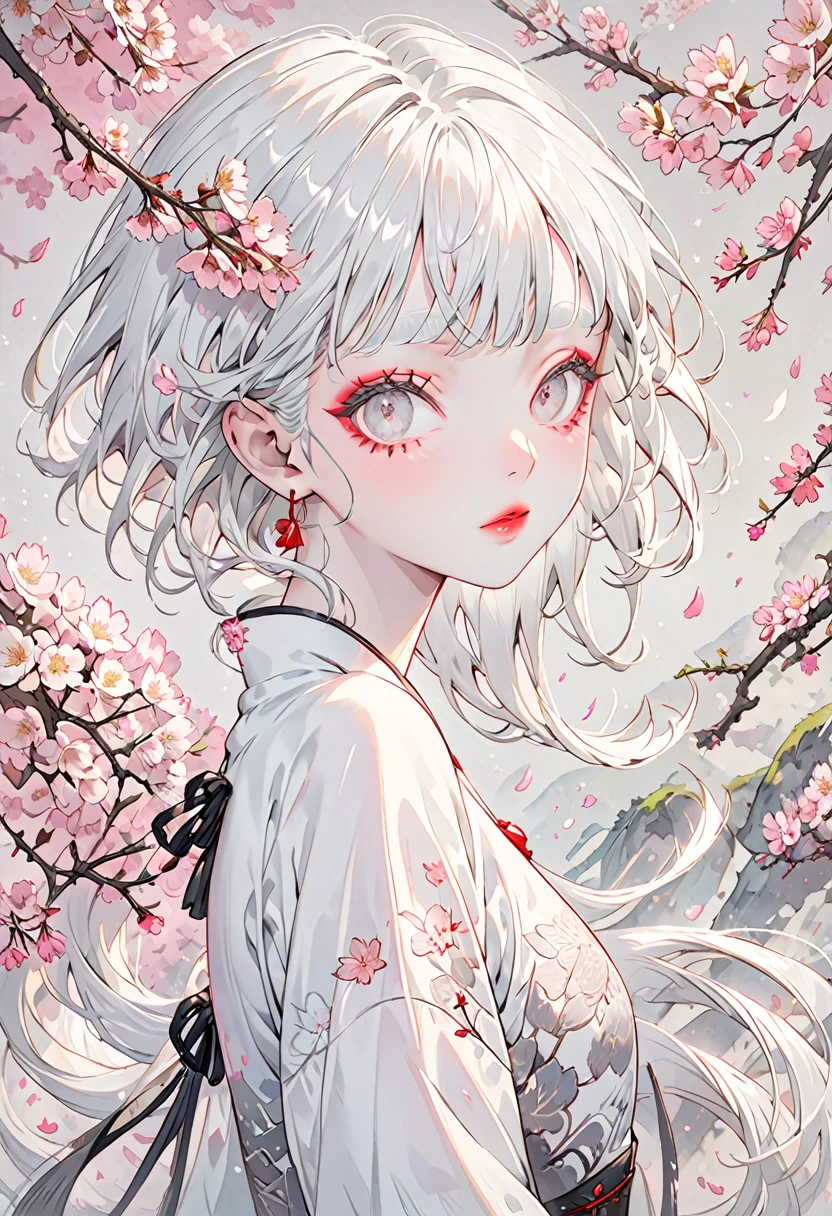 The background is a flurry of cherry blossoms，(Highest quality,Very detailed,High resolution:1.2),Slim albino girl，Very short white hair,gray bangs，very_long white eyelashes, White eyebrows, White skin，Detailed lips, Cool look, Soft Skin, Shiny Hair,Exquisite makeup,Portrait