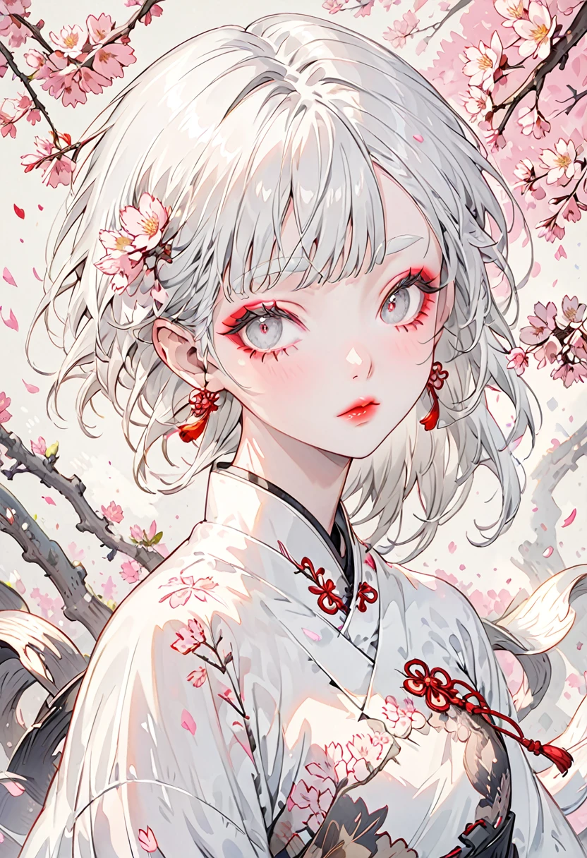 The background is a flurry of cherry blossoms，(Highest quality,Very detailed,High resolution:1.2),Slim albino girl，Very short white hair,gray bangs，very_long white eyelashes, White eyebrows, White skin，Detailed lips, Cool look, Soft Skin, Shiny Hair,Exquisite makeup,Portrait