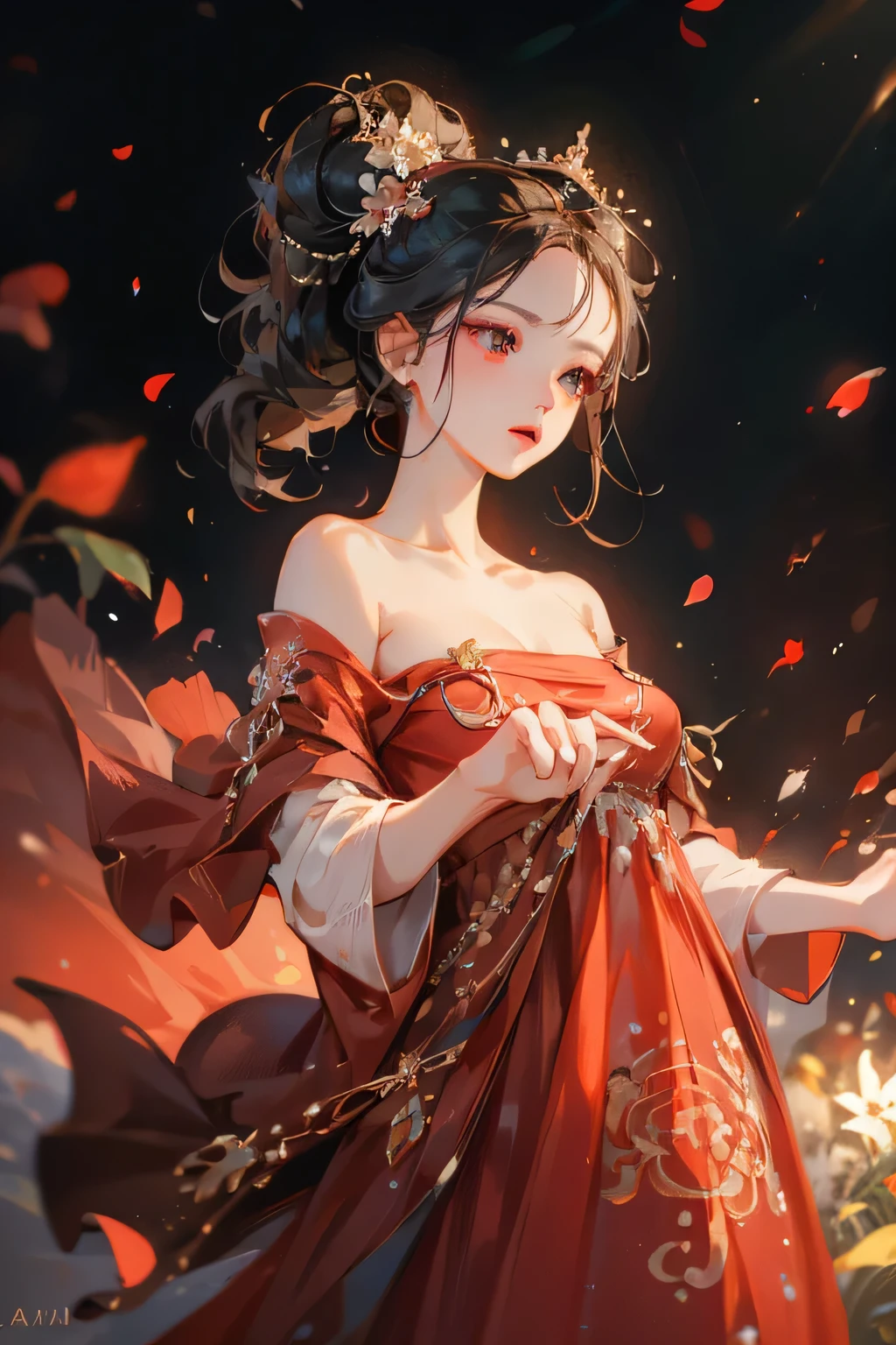 Best quality, masterpiece, ultra high res, (photorealistic:1.4), raw photo, 1woman, red dress, off shoulder, black eyes, blossom flower field, glowing skin, big black bun hair, light cold face, dancing, accurate, detailed hand, detailed eyes, detailed face, detailed body, javanese style, prambanan temple