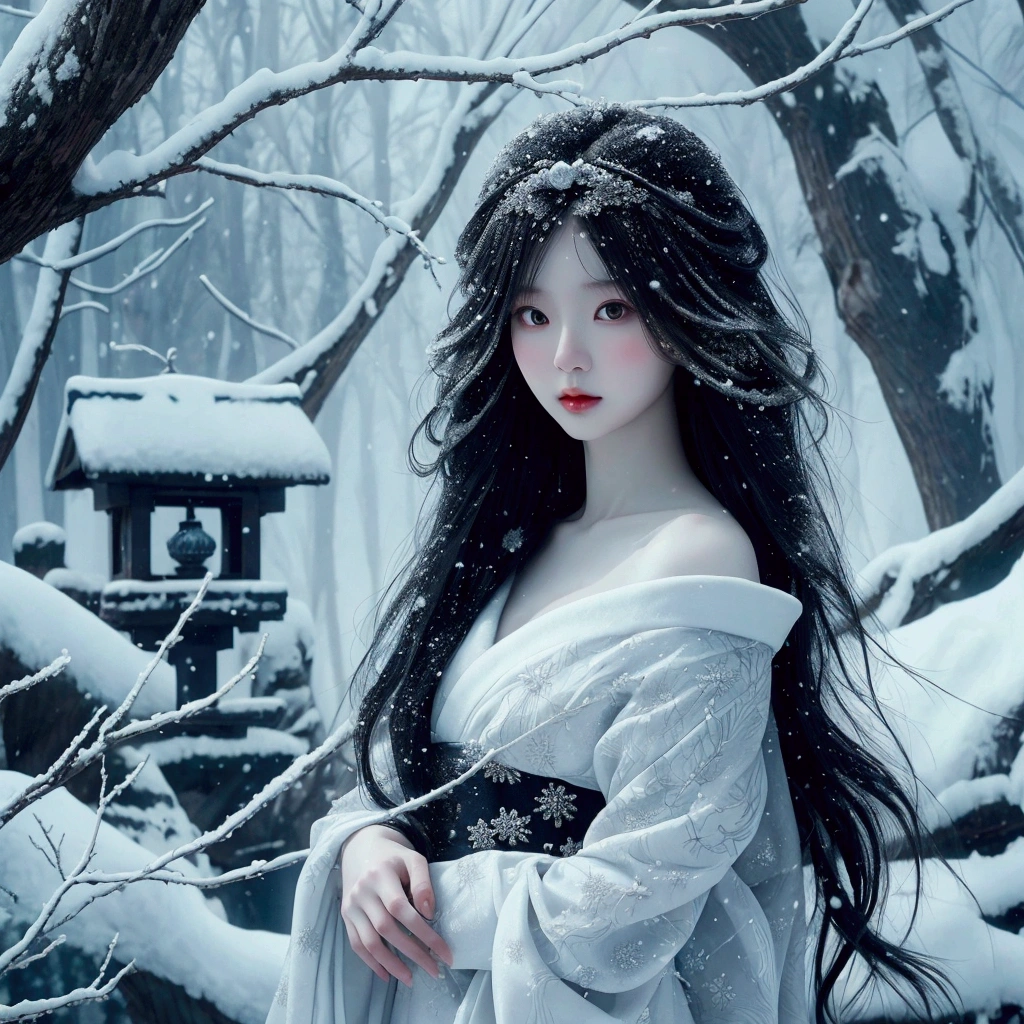A female giraffe in a white dress is standing in a snowy forest, The sharp gaze of the Yuki-onna, Beautiful avatar photos, Winter Goddess, Winter Princess, Pure white skin, Beautiful ancient frost witch, Early, Jinnah Chan, Very long snow-colored hair, Inspired by Shinsui Ito, Very beautiful digital art, Inspired by Li Mei-shu