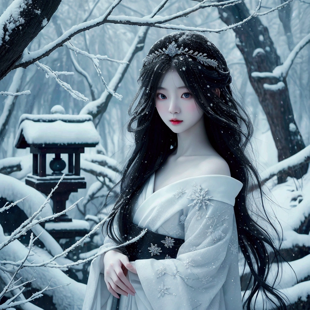 A female giraffe in a white dress is standing in a snowy forest, The sharp gaze of the Yuki-onna, Beautiful avatar photos, Winter Goddess, Winter Princess, Pure white skin, Beautiful ancient frost witch, Early, Jinnah Chan, Very long snow-colored hair, Inspired by Shinsui Ito, Very beautiful digital art, Inspired by Li Mei-shu