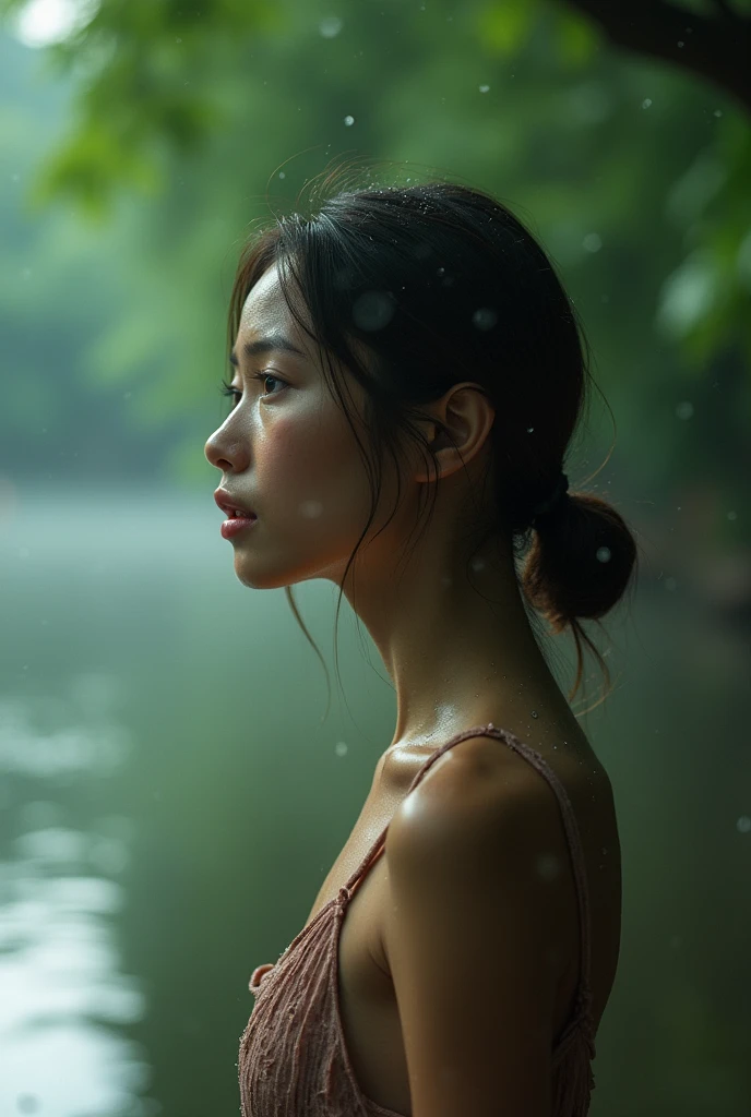 (skinny beautiful asian female, 19 years old), surprised expression, not looking at the camera, standing beside a mekong river, gentle rain falling, lush green trees blurred in the background, serene and tranquil atmosphere, dark cool tones enhancing the rainy mood, soft lighting creating a reflective ambiance,snap by film camera kodak tone,have a noise gain ,detailed droplets on his clothes, nature's calmness enveloping the scene, high quality (ultra-detailed).