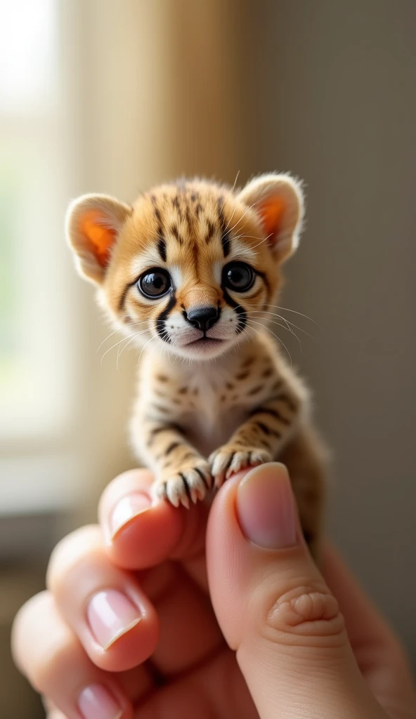 Photorealistic, 64k, A micro  cheetah perched on a human perfect finger