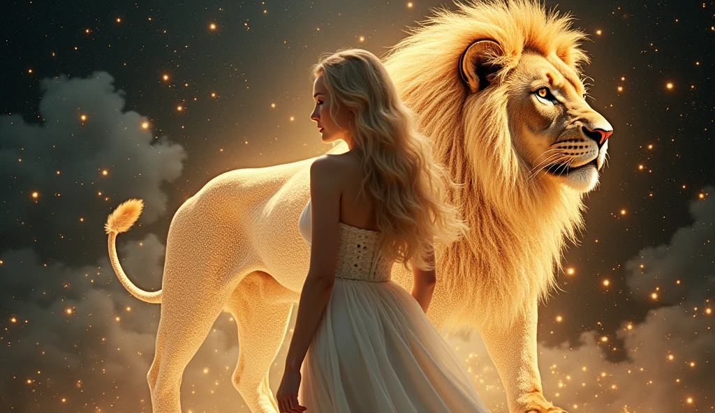 A beautiful blonde woman，Space Background，Leo，goddess，Holy white dress，Behind him is a lion made of stars，Surrounded by stars