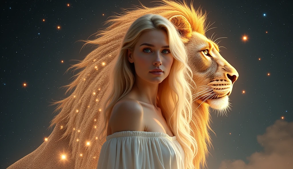 A beautiful blonde woman，Space Background，Leo，goddess，Holy white dress，Behind him is a lion made of stars，Surrounded by stars