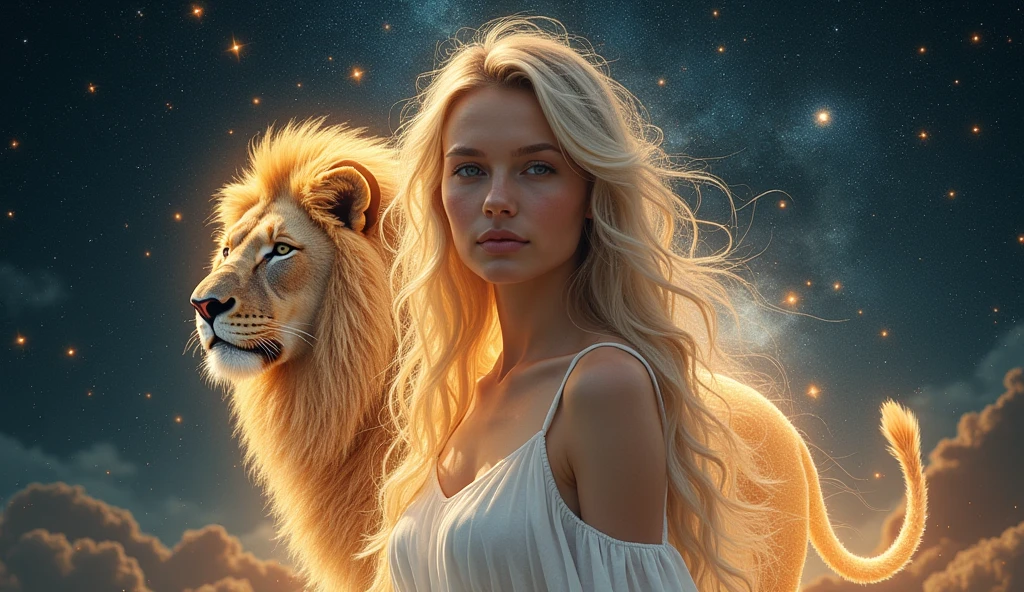 A beautiful blonde woman,Space Background,Leo,goddess,Holy white dress,Behind him is a lion made of stars,Surrounded by stars