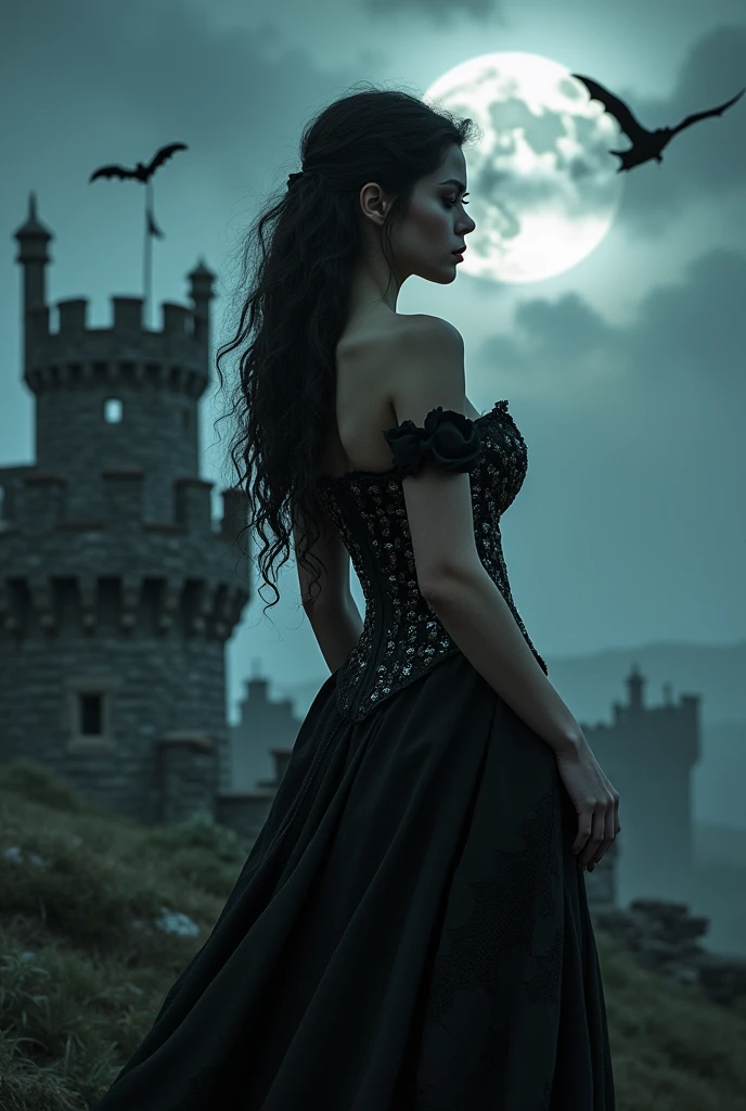  woman  goth corset  castle tower