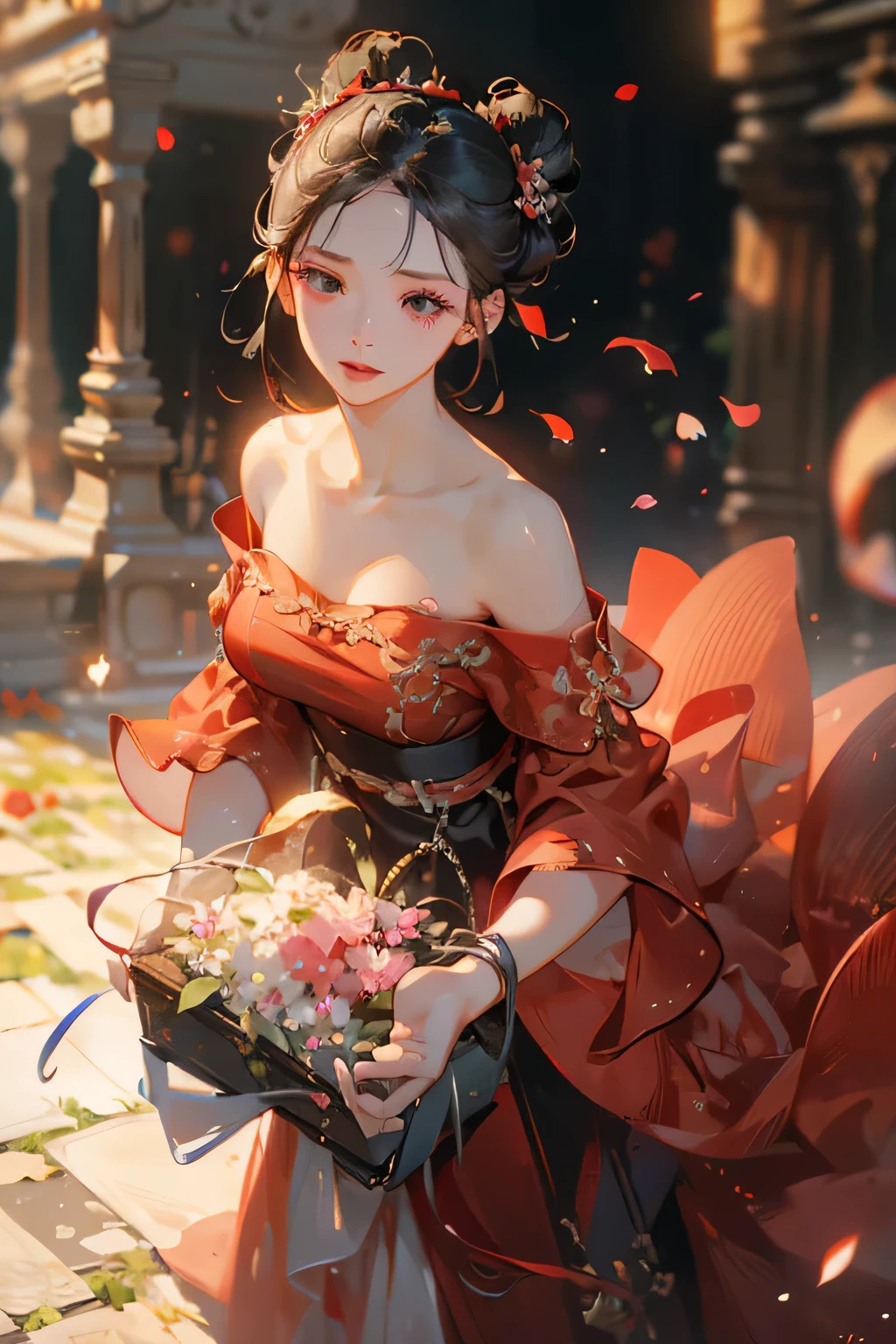 Best quality, masterpiece, ultra high res, (photorealistic:1.4), raw photo, 1woman, red dress, off shoulder, black eyes, blossom flower field, glowing skin, big black bun hair, light cold face, dancing, accurate, detailed hand, detailed eyes, detailed face, detailed body, javanese style, prambanan temple