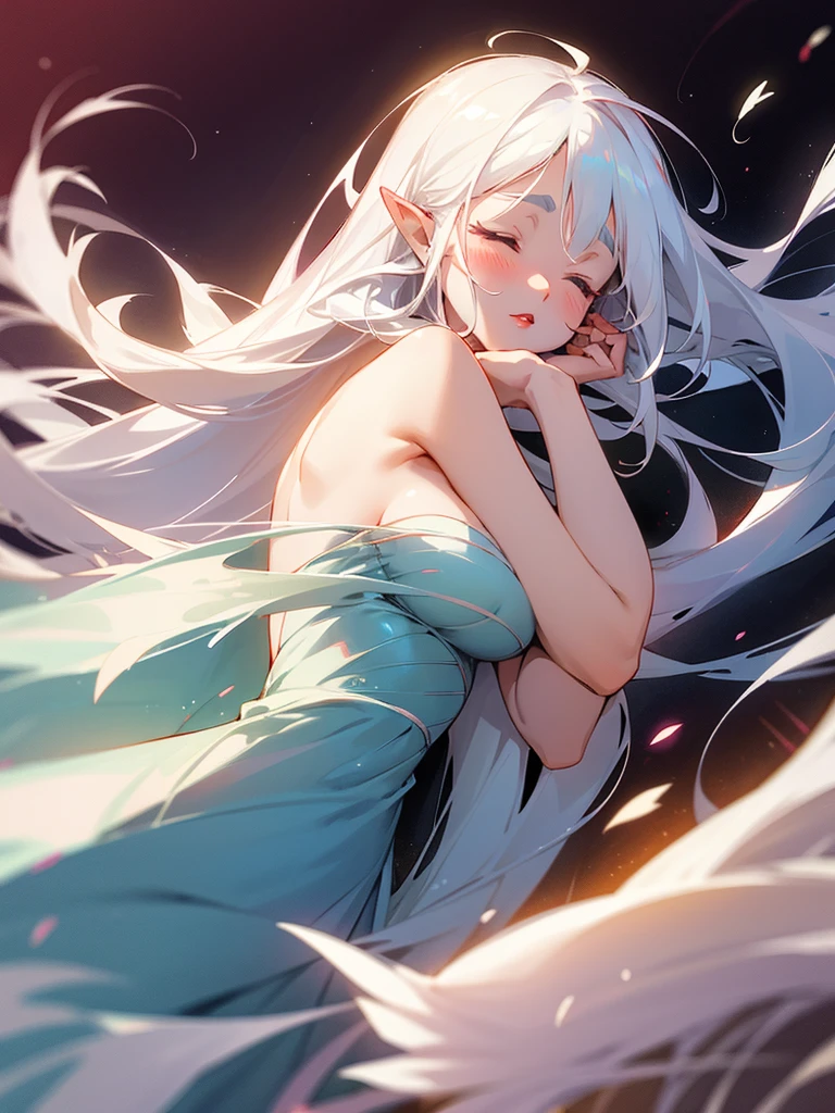 1 girl, length hair, Fringes between the eyebrows, White hair, shiny hair, Floating hair, rippled hair, breasts, pointy ears, Slight blush on the cheeks, closed eyes, Red lips,, sleeping, wing, Angel, FloatingFrom the side, 