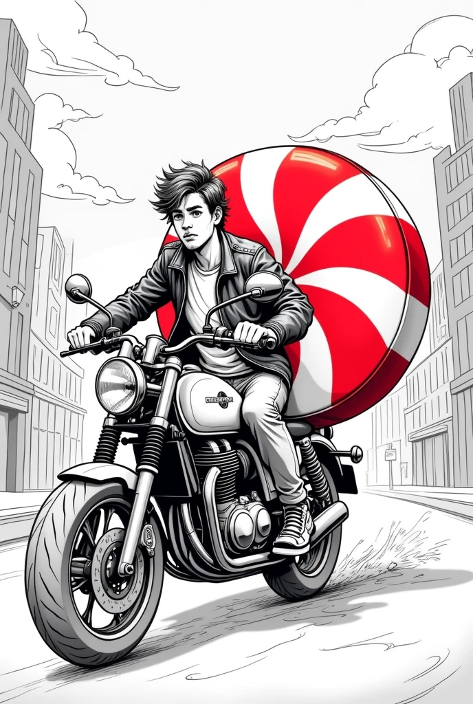 Line-only illustration,A peppermint illustration is stuck on a motorbike,The motorbike rider is a man in his 20s.