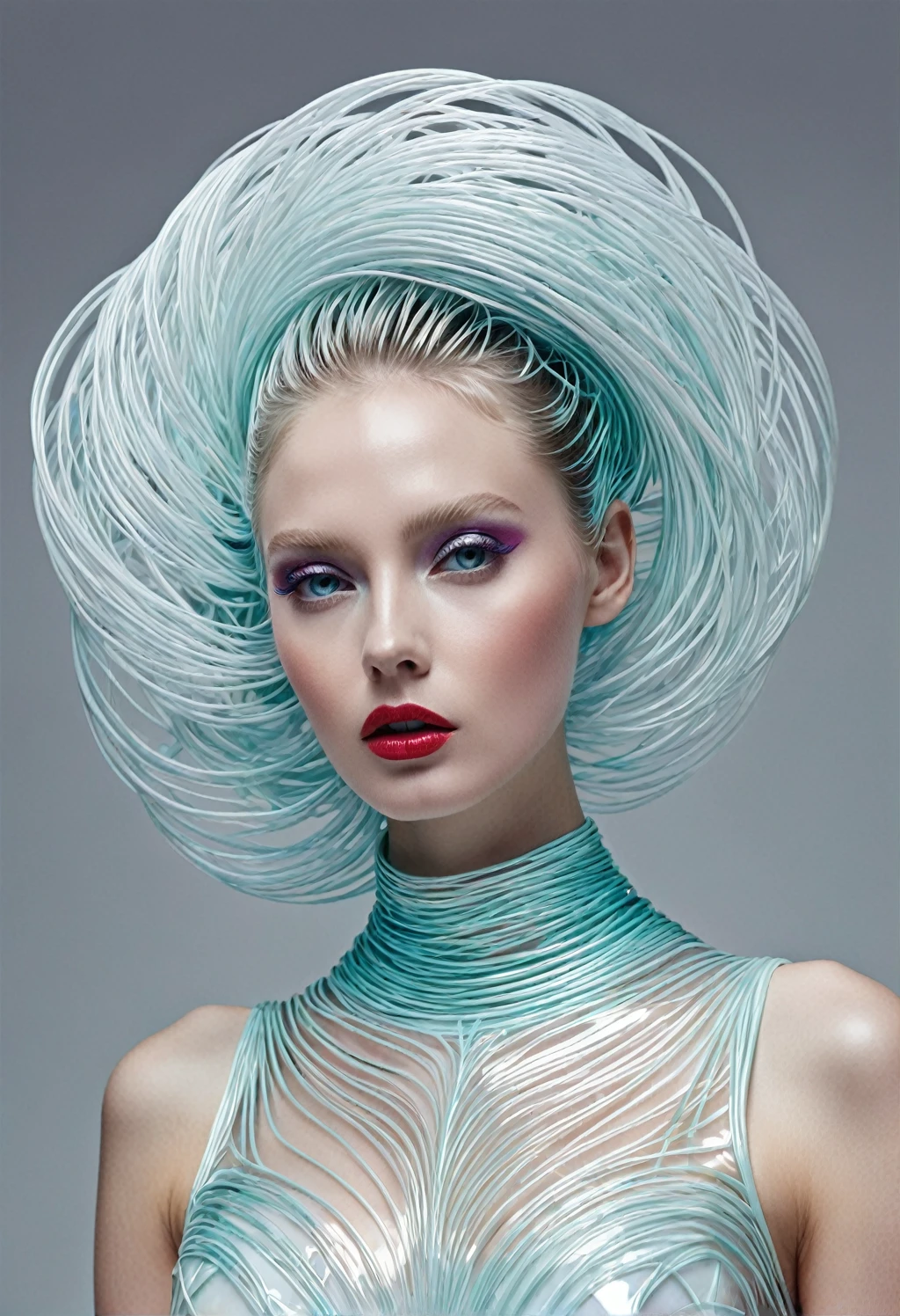 The contrast between the art of the woman's glass form, her hair shiny with nylon threads, her dress-like outfit made of plastic, and her milky skin enhanced by bold and alluring makeup evokes a sense of daydreaming, a surrealism wrapped in delicate precision, all wrapped up in a 3D renderings and depicted through the lens of Octane. Highest quality images, ultra-high resolution. By Monique Moro.