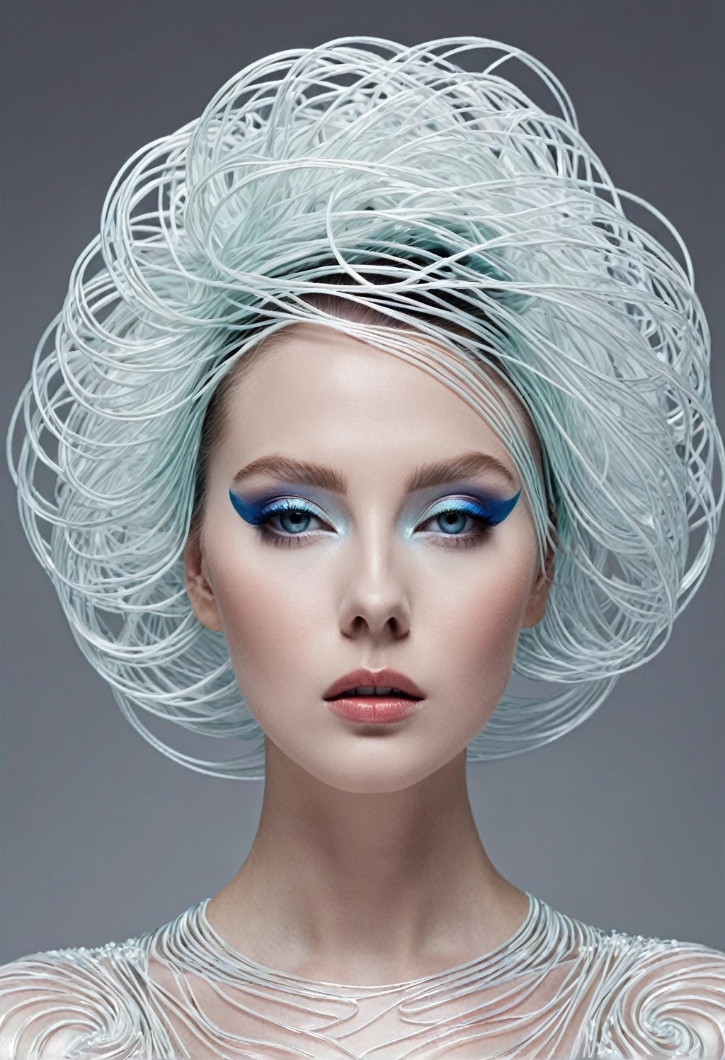 The contrast between the art of the woman's glass form, her hair shiny with nylon threads, her dress-like outfit made of plastic, and her milky skin enhanced by bold and alluring makeup evokes a sense of daydreaming, a surrealism wrapped in delicate precision, all wrapped up in a 3D renderings and depicted through the lens of Octane. Highest quality images, ultra-high resolution. By Monique Moro.