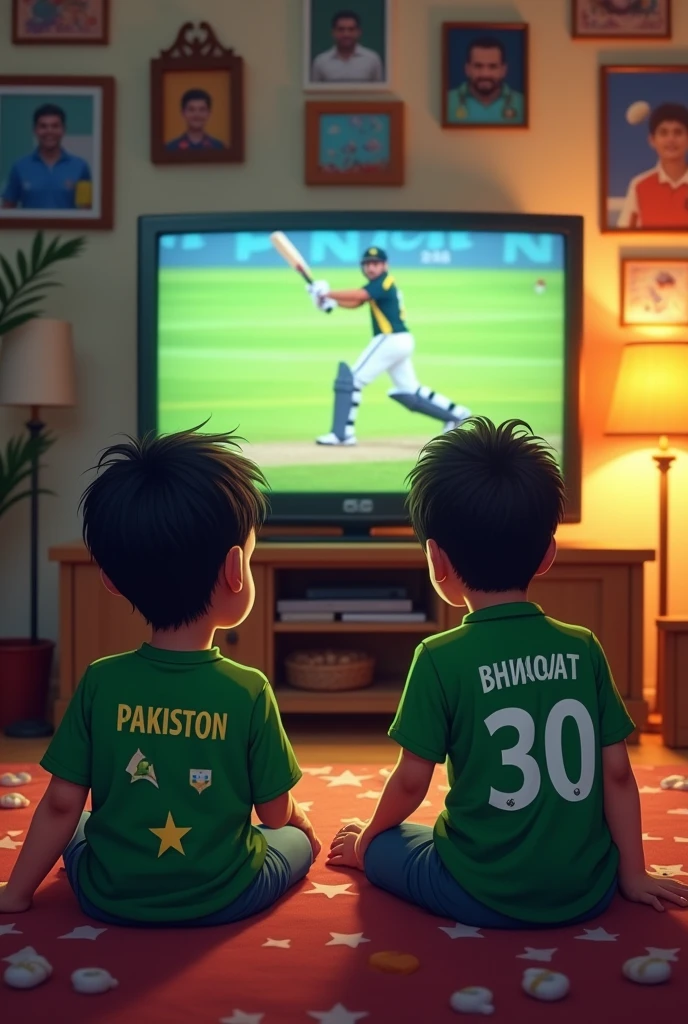 Two boys are watching cricket on tv worn the Pakistani shirt written behind the first one is Vinod and second one is bhagat