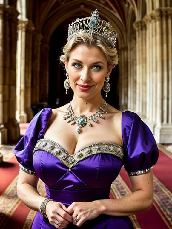 front view, Full-body, 13 century, English, White girl, England queen, 30 age-old, (blend hair, chignon, little lip, little smile ) (tiara, earring), (middle cup breasts, wide hip),(ancient old fashion, courtly romance),on floor, standing palace in London, (masterpiece, Highest quality, masterpiece, God-like quality, Godly art, Very realistic)