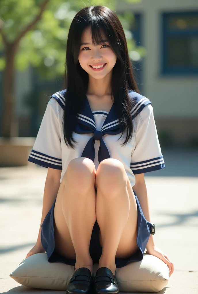 cute female idol, (20 years old: 1.2), (8k, realistic raw photo: 1.2), adorable idol, gorgeous smile, (black hair), slim legs, high resolution, high resolution, RAW photography, top quality, masterpiece, beautiful French girl, natural white skin not too tight, medium breasts, 超High resolution, ((sweaty)), alone, (((full body))) Shiny thighs, very pretty, ((a nice bra with colorful ribbons and panties)), ((lying on a big cushion))Vulgarity Move your center of gravity back, quite embarrassing, white panties, (show panties: 1.4), tight skirts, (under the skirt: 1.3), (skirt lifted: 1.3), (squatting: 1.4), heels on the ground, legs slightly apart, squatting with knees raised, putting her well-rounded medium buttocks on the floor, black loafers, short skirt, squatting in the schoolyard, schoolgirl, French high school uniform, sailor uniform, full body, front, bottom masterpiece, (best quality: 1.2), ultra high resolution, (photorealistic: 1.4), ((extremely perfect anatomy of body parts: 1.1)), realism, natural light, depth of field, (small mouth), natural face, (detailed background, perfect composition), highly detailed, detailed face, extremely detailed, ultra-detailed, 8K wallpaper, extremely impressive, detailed, dynamic lighting, deep shadows, photorealistic, realistic face, neat face, natural skin not too tight, slightly offset support light breast in the air  