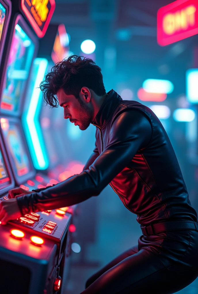 a man playing with rocket token at an arcade, arcade game, sci-fi, futuristic, neon lights, detailed cyberpunk environment, dynamic pose, highly detailed, 8k, photorealistic, cinematic lighting, volumetric fog, dynamic camera angle, hyperrealistic, octane render, 3d render, unreal engine, stunning, masterpiece