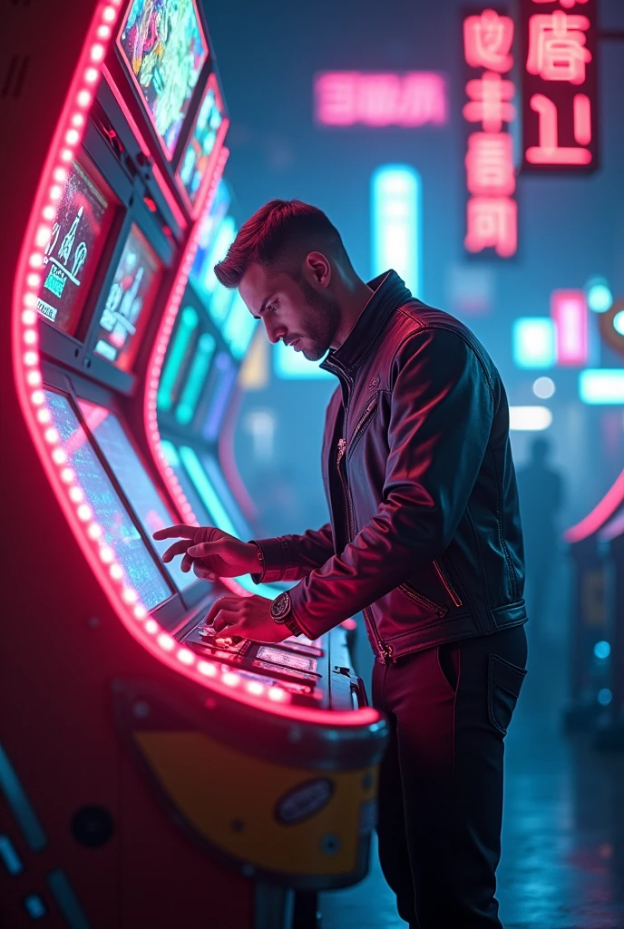 a man playing with rocket token at an arcade, arcade game, sci-fi, futuristic, neon lights, detailed cyberpunk environment, dynamic pose, highly detailed, 8k, photorealistic, cinematic lighting, volumetric fog, dynamic camera angle, hyperrealistic, octane render, 3d render, unreal engine, stunning, masterpiece