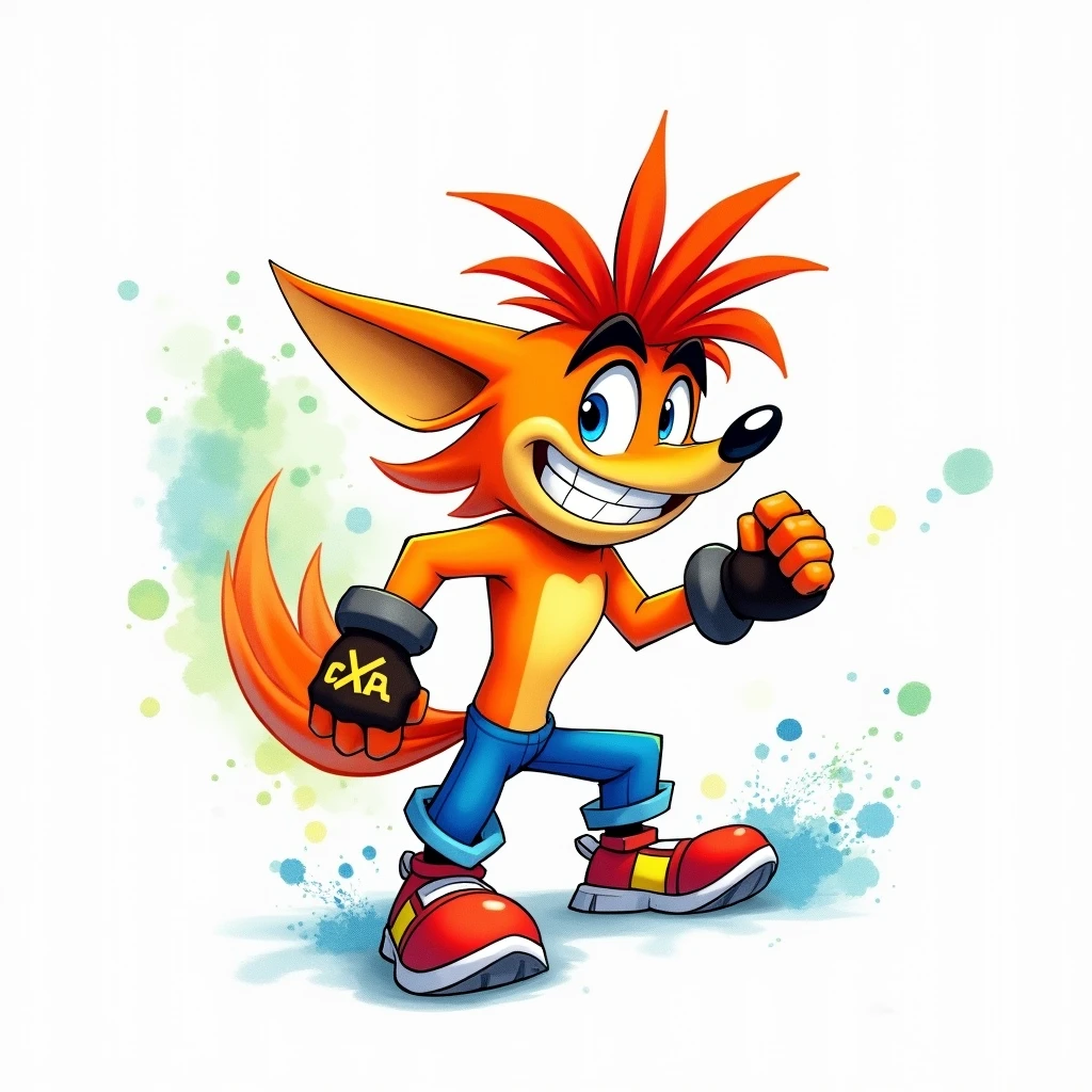 Create a vector t-shirt design using a minimalistic ink drawing style with a vanishing point on white paper. Feature Crash Bandicoot in this design, adding vibrant watercolor splashes that bring to life his colorful costumes and outfit elements. The result should be cinematic, with a 3D render feel, perfect for an eye-catching illustration or poster. 